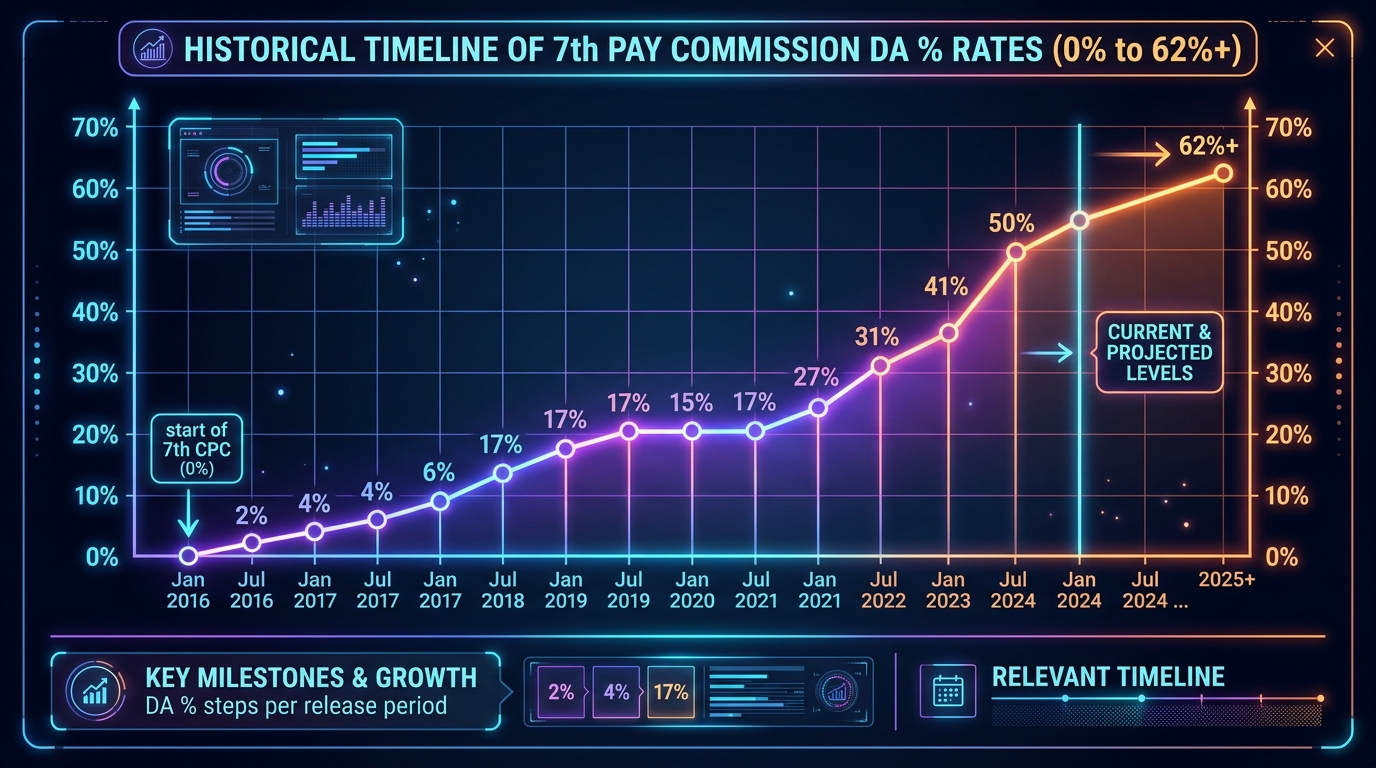 7th Pay Commission DA Rate History Timeline 2016 to 2026 Chart