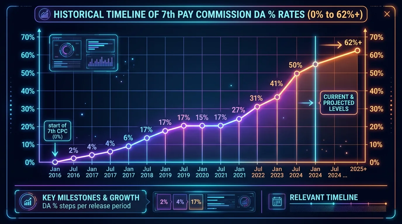 7th Pay Commission DA Rate History Timeline 2016 to 2026 Chart